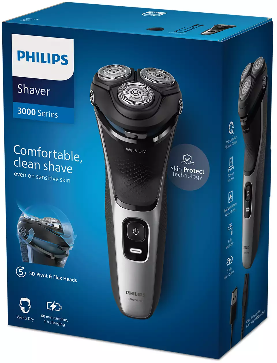 Philips Shaver Series 3000, Wet& Dry skuveklis (lādējams), light silver S3143/00