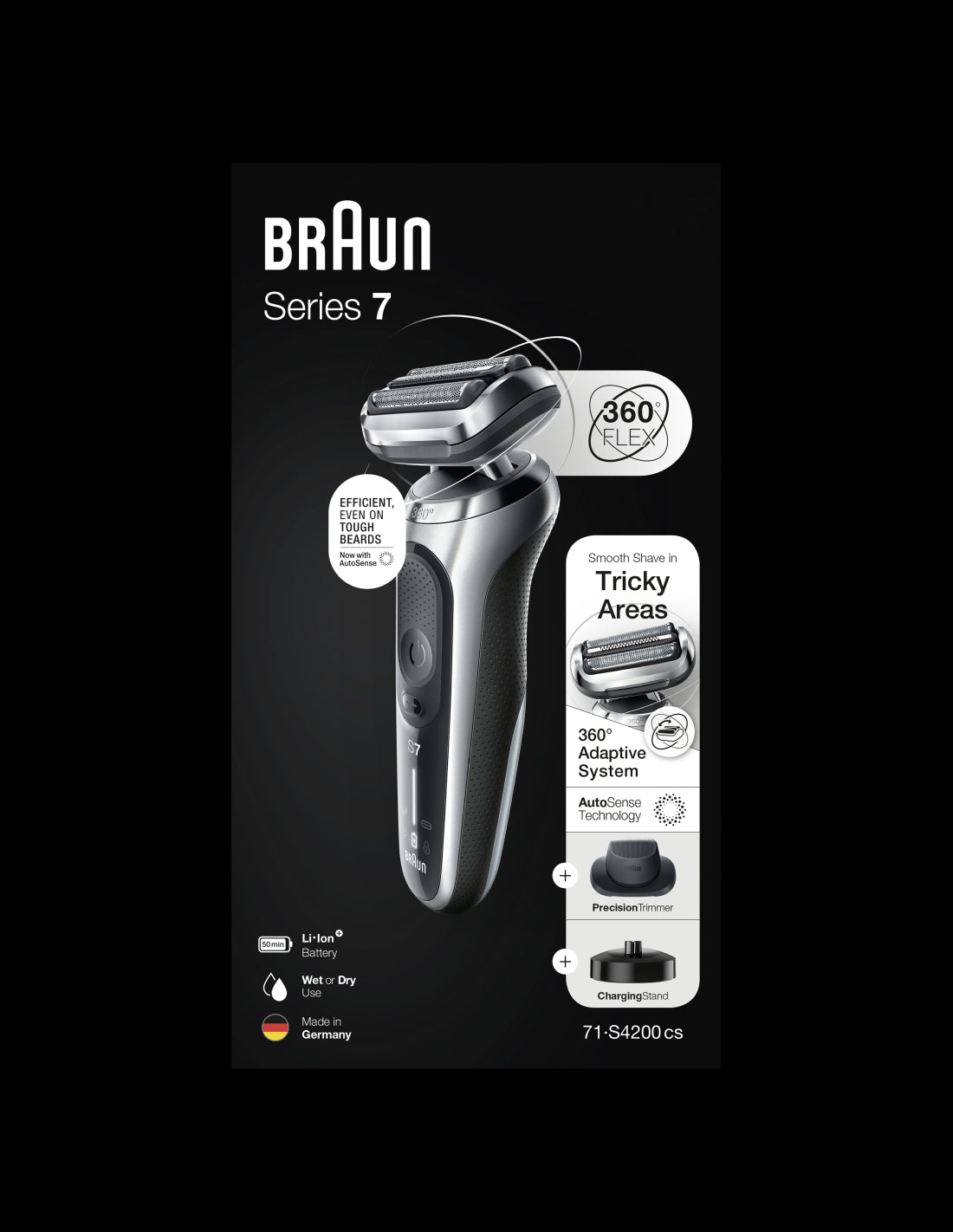 BRAUN Series 7 360 Flex skuveklis  AutoSense, sudraba 71-S4200cs