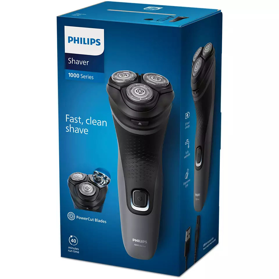 PHILIPS Shaver Series 1000 Elektriskais skuveklis sausai un mitrai skūšanai, pelēks S1142/00