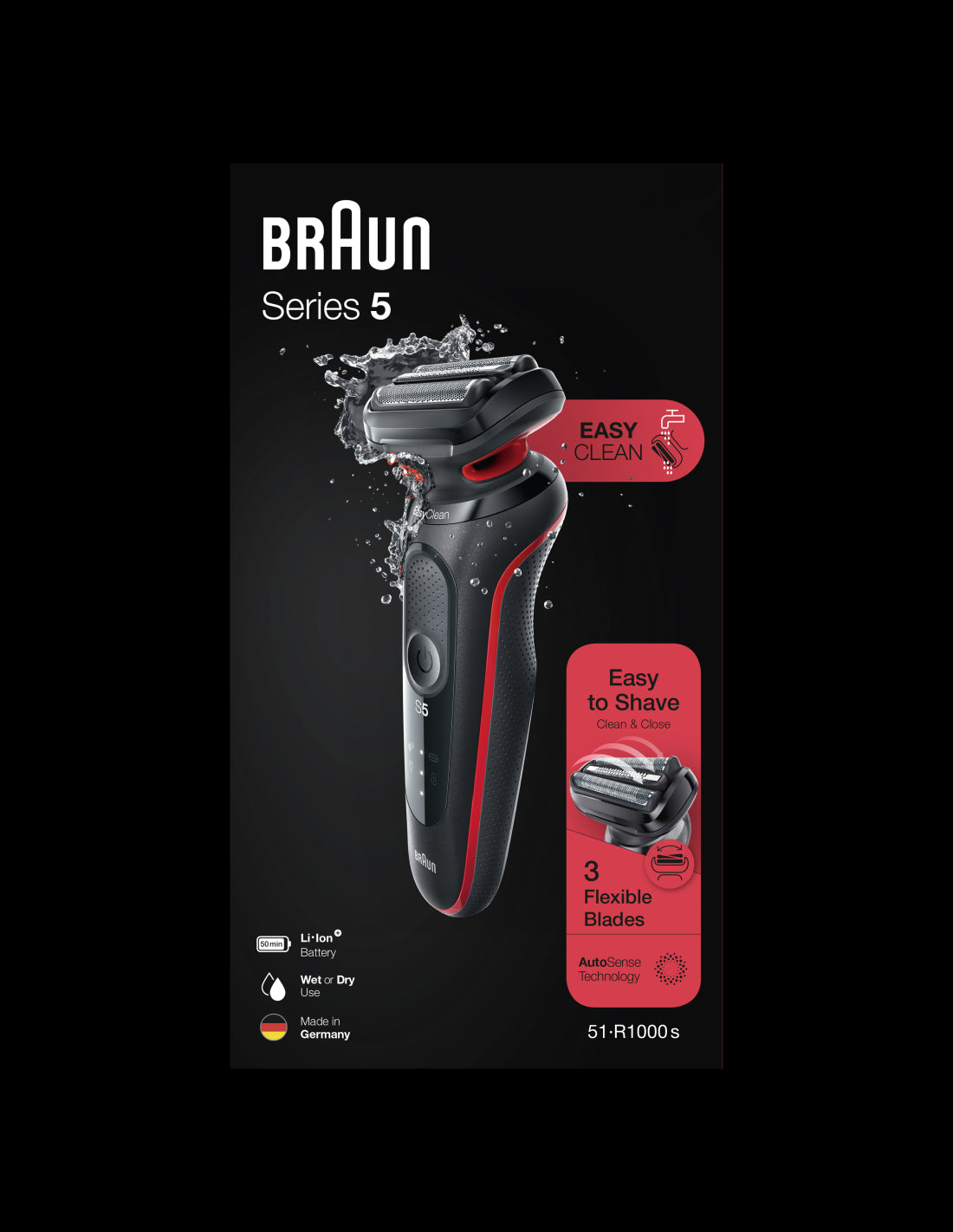 BRAUN Series 5 skuveklis AutoSense, sarkans 51-R1000s